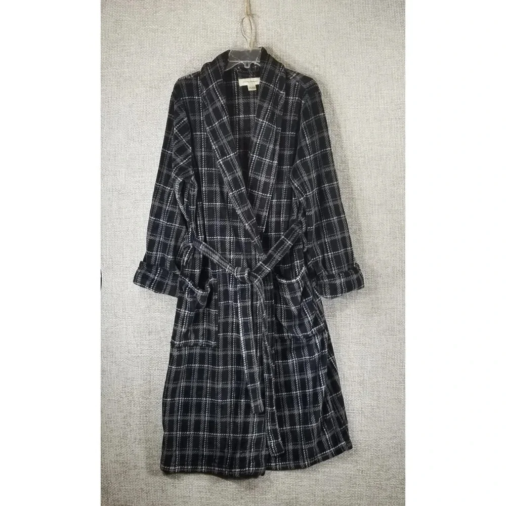Tommy Bahama Plush Fleece‎ Bath Robe Men's S-M Black White Plaid